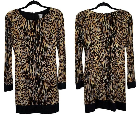 Vintage 80's Cache Mini Dress 2 Black Animal Leopard Long Sleeve Tunic Shift Mod - Picture 1 of 12